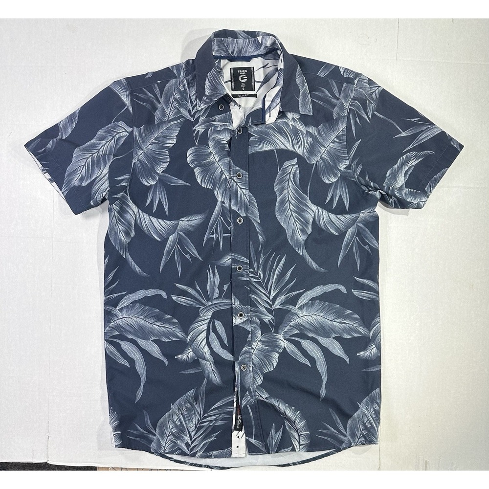Fried Denim Leaf Print Button Up Shirt‎ Mens Small Slim Fit Short Sleeve
